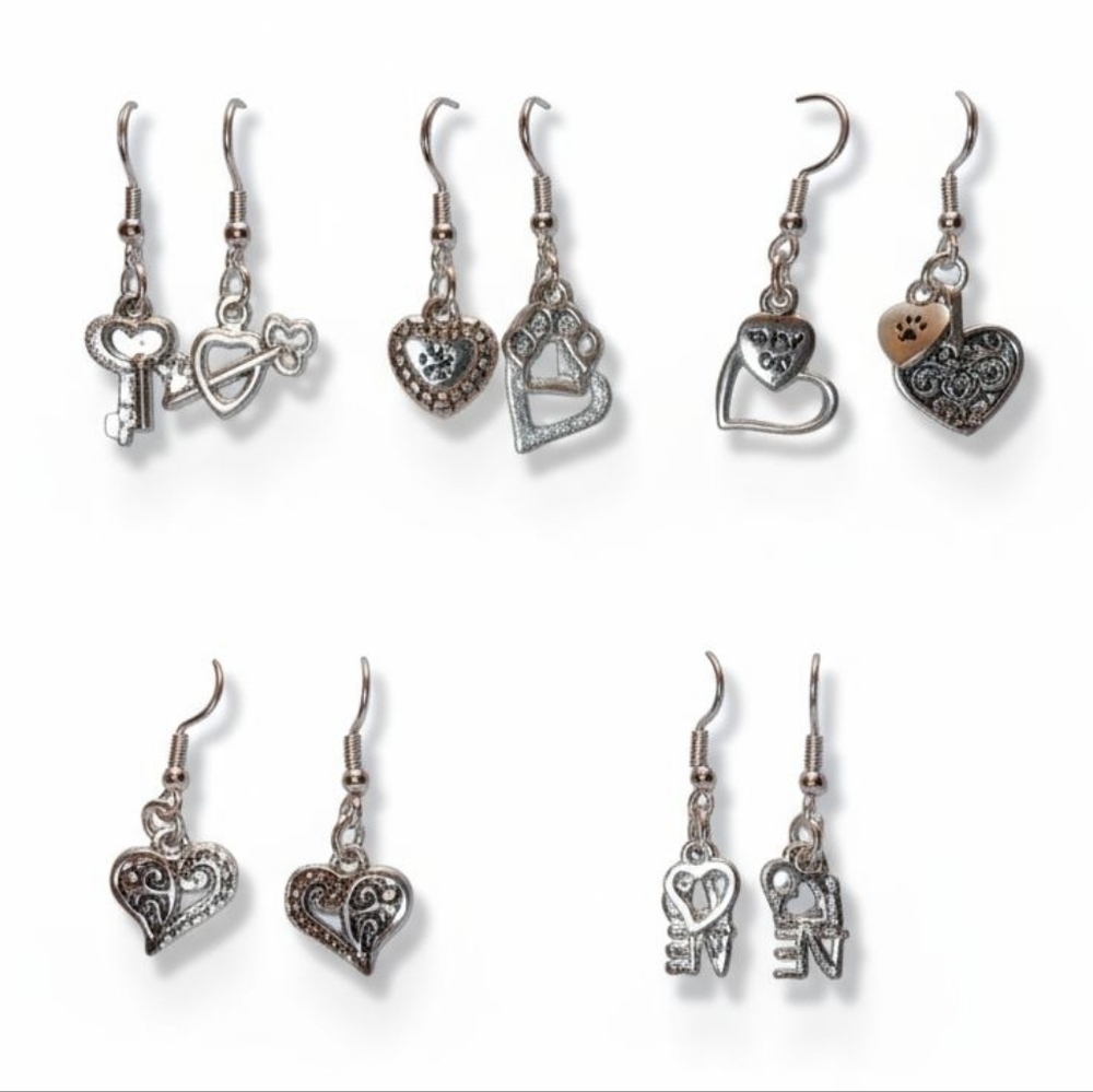 NWT Bundle of 5 Adorable Pairs of Boho Stainless Steel Dangling Hearts Earrings!